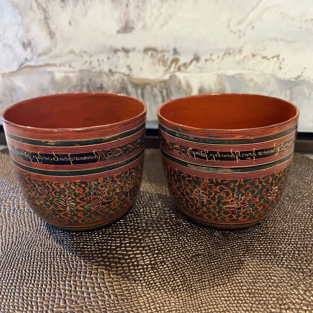 Antique Vintage Hand Painted Burmese lacquer Set of 2 Drinking Cups VERY GOOD